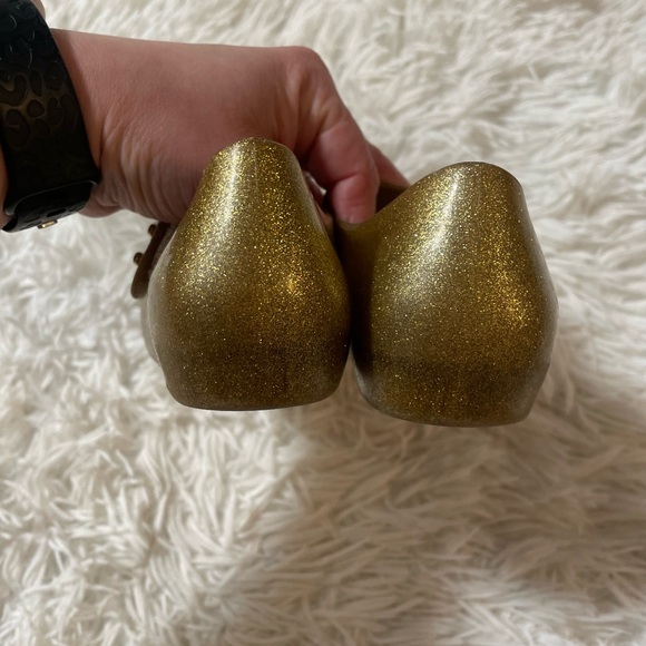 Mini Melissa Mary Jane Ballet Flats Shoes Ballerina Gold Bow Glitter Girls 10 - Picture 5 of 8